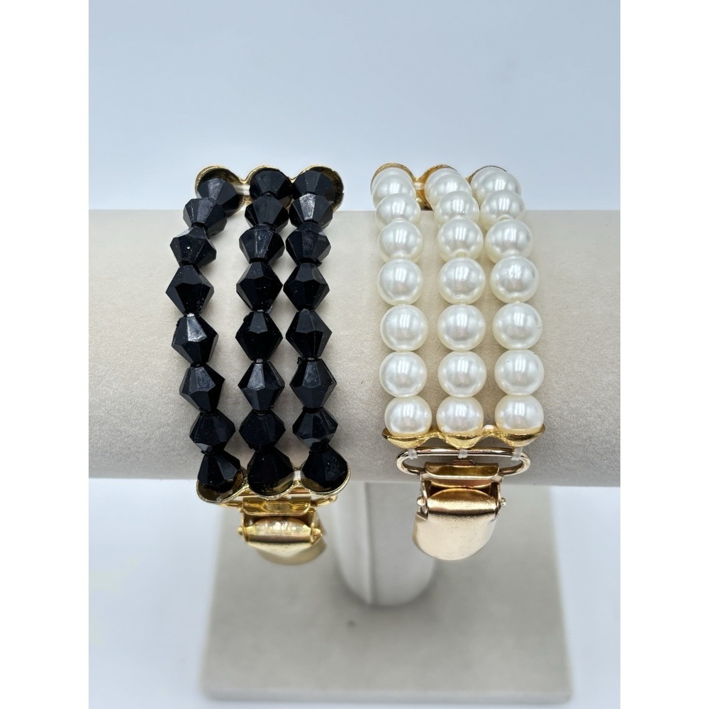 2pc Sweater Clip Set‎ Pearl & Black Beaded Gold Tone Cardigan Shawl Clips